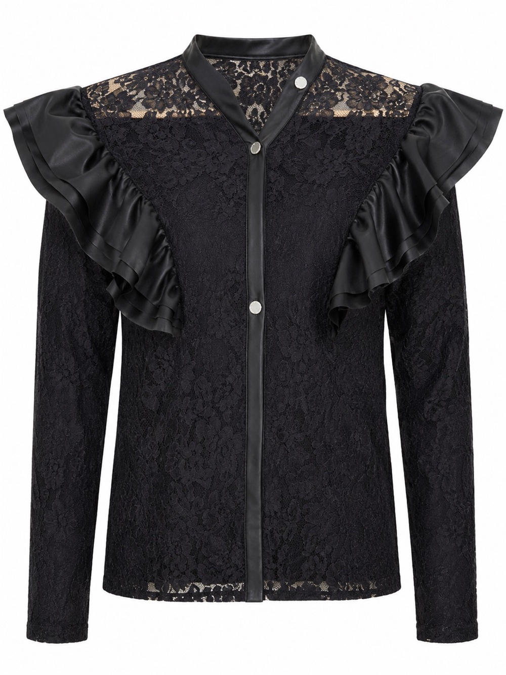 Lace Ruffle Front-Button Blouse - Black